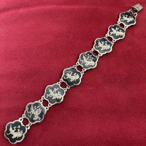 Antique Art Deco 1920s Made in Siam Sterling Niello Thai Dancer Bracelet 7.25”